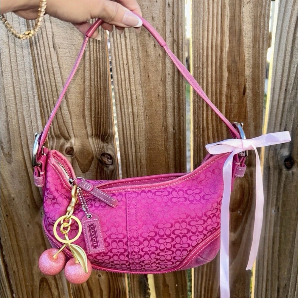 COACH Hot Pink Signature Leather Hobo Shoulder Bag - Picture 8 of 9